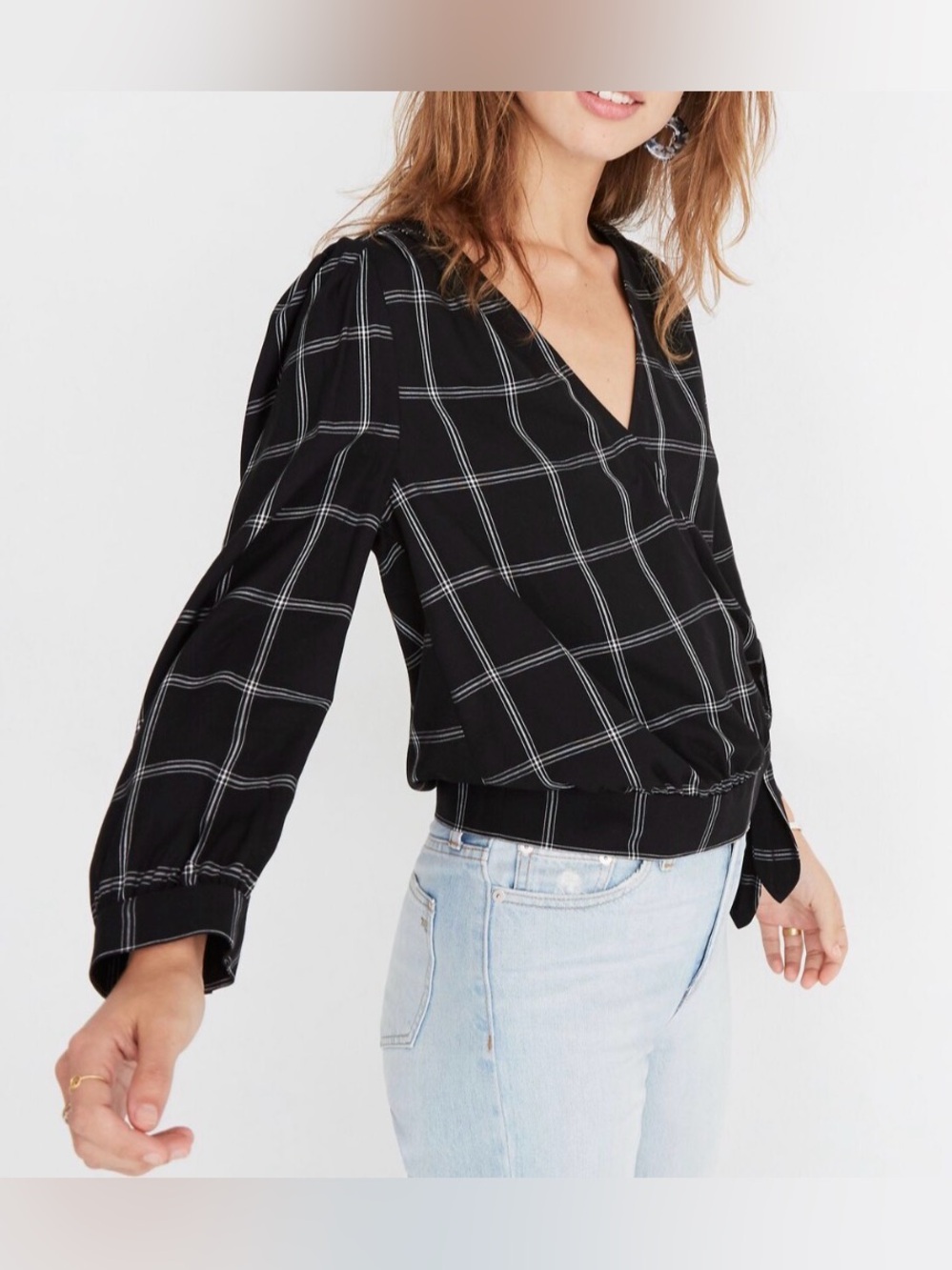Madewell Black Windowpane Wrap-Style Long Sleeve Top L